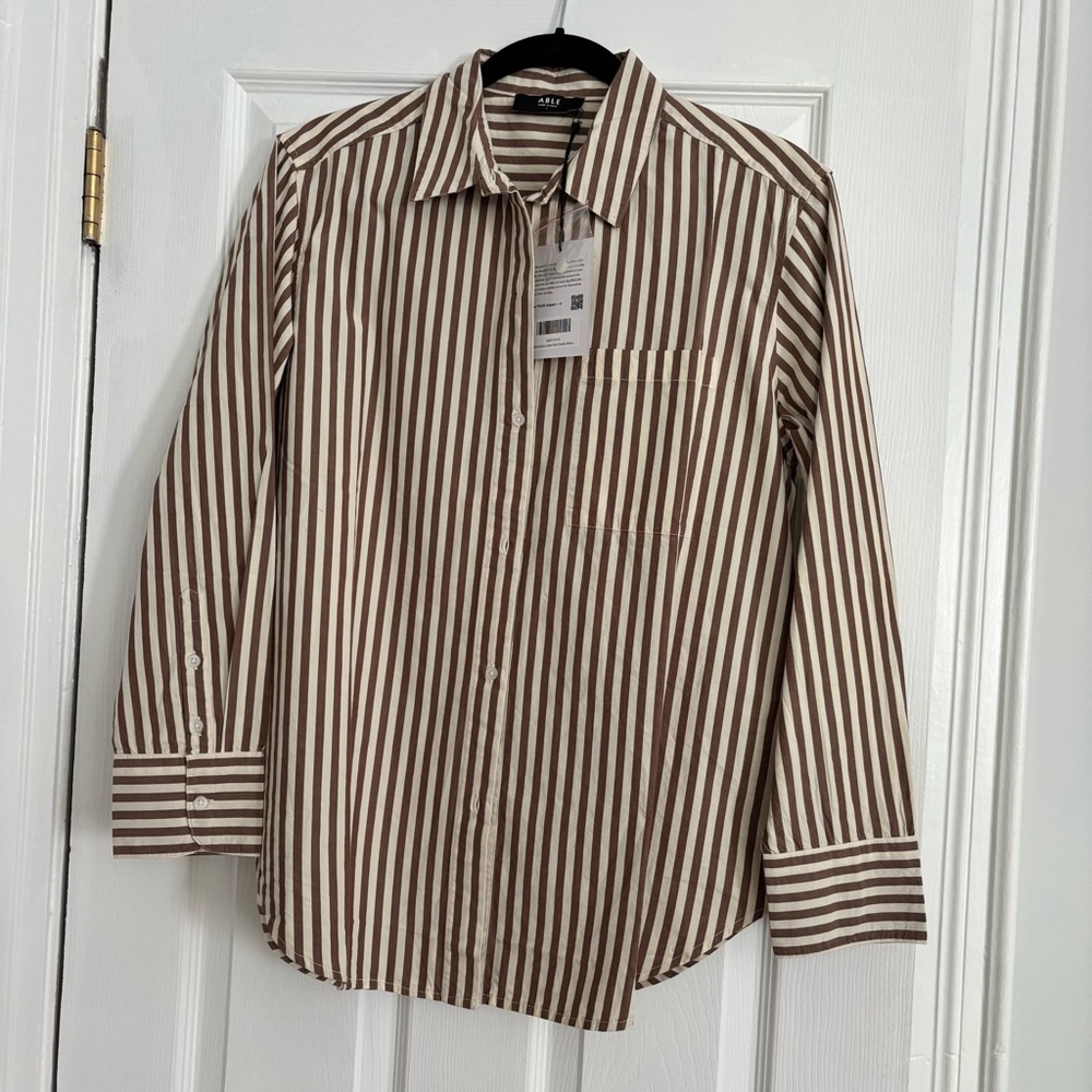 Womens Brown & Cream Striped Button Down Shirt